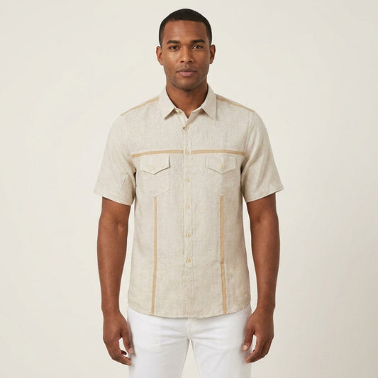 Beige Torras linen short sleeve button-up shirt with lambskin trim, stylish and lightweight for casual wear.