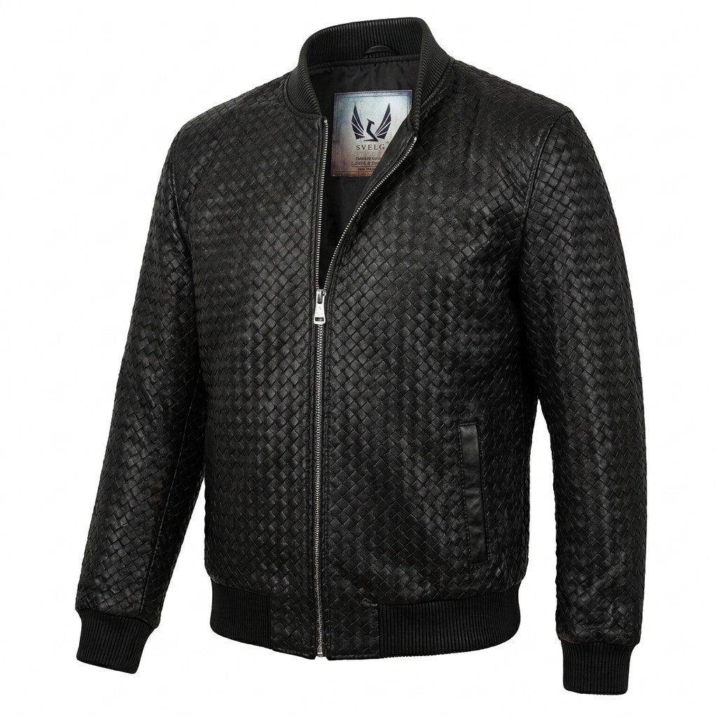 Men’s black SVELG premium woven lambskin leather bomber jacket, stylish coat with a smooth, high-quality leather finish.