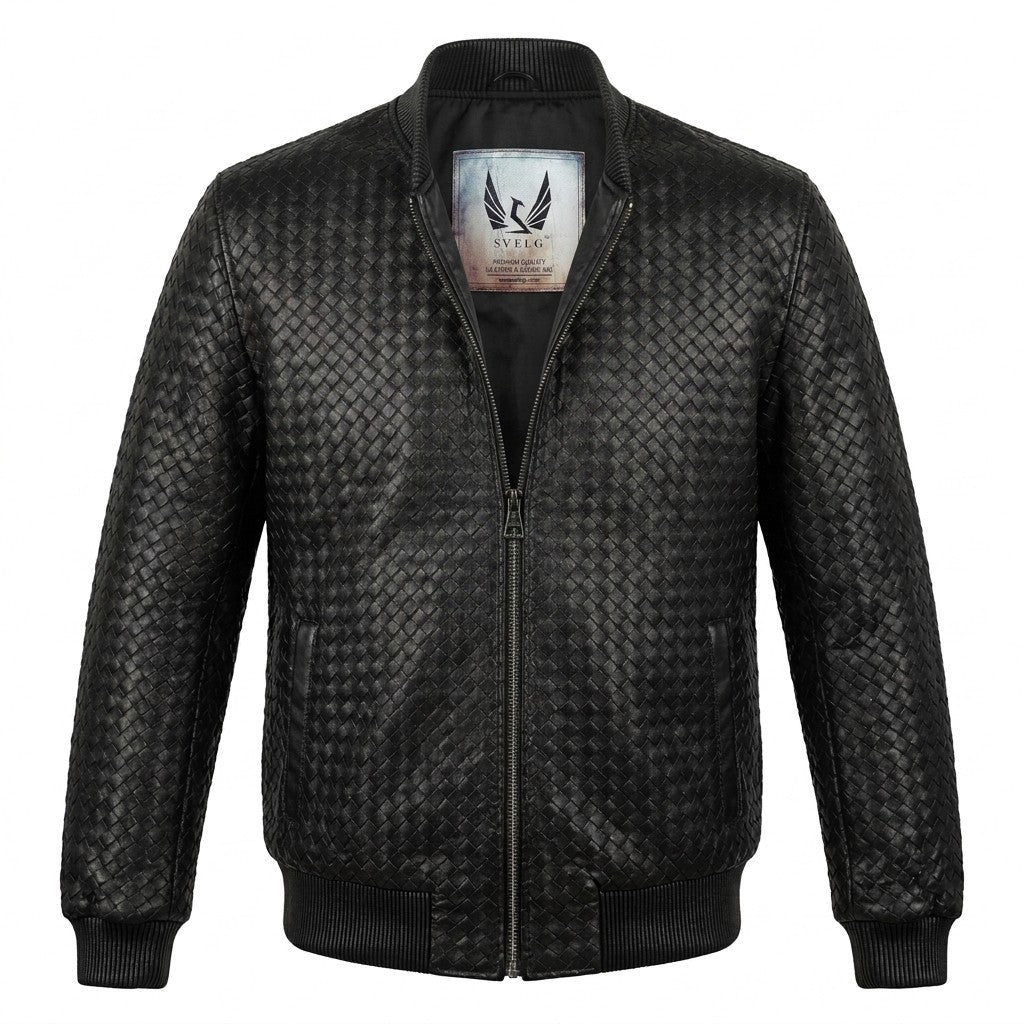 Men’s black SVELG premium woven lambskin leather bomber jacket, stylish coat with detailed stitching and classic design.