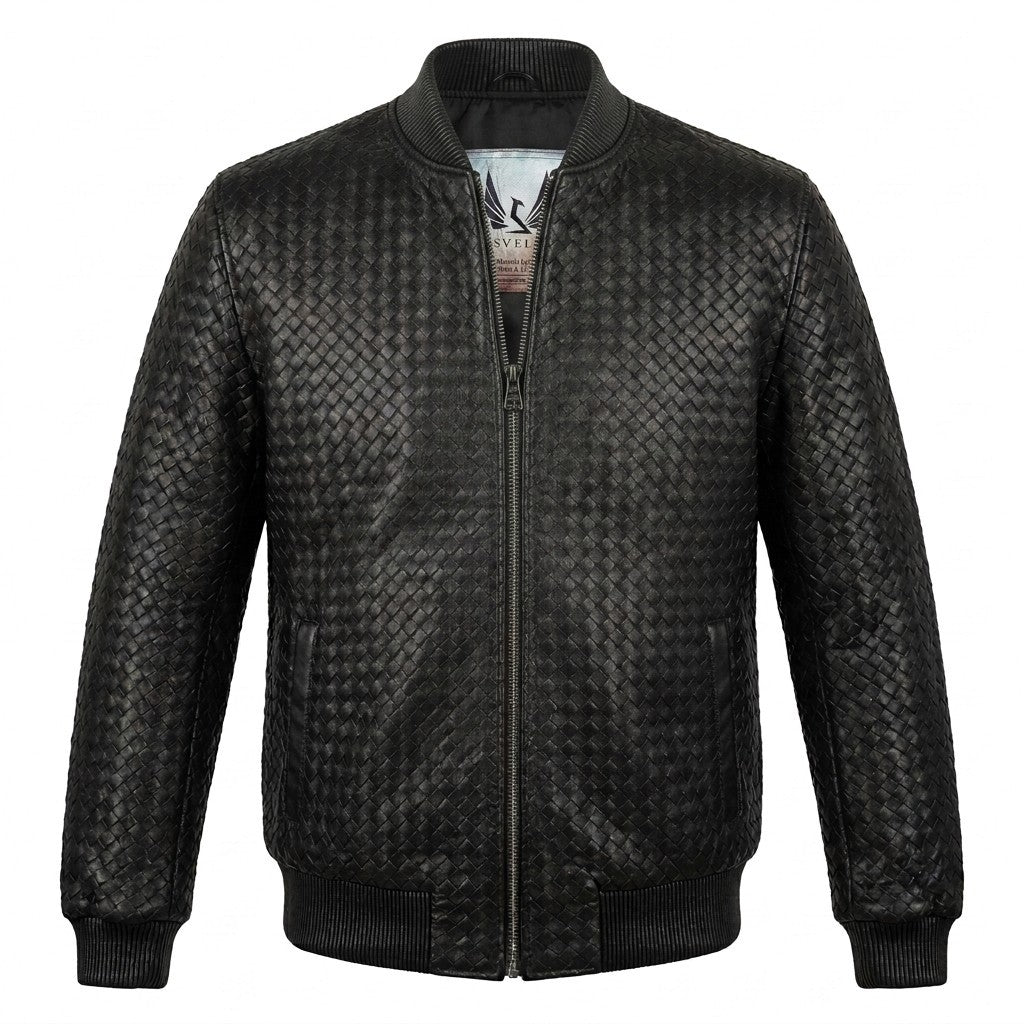 Men’s black SVELG premium woven lambskin leather bomber jacket, stylish coat with detailed stitching and classic design.
