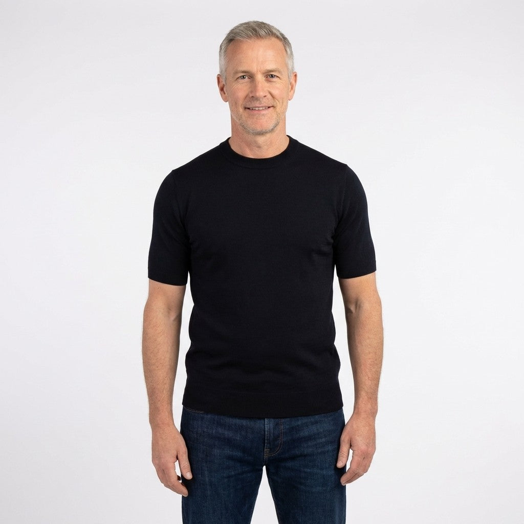 Black Prestige crew neck short sleeve shirt CMK-350, stylish casual men's clothing, close-up of the fabric and neckline detail.