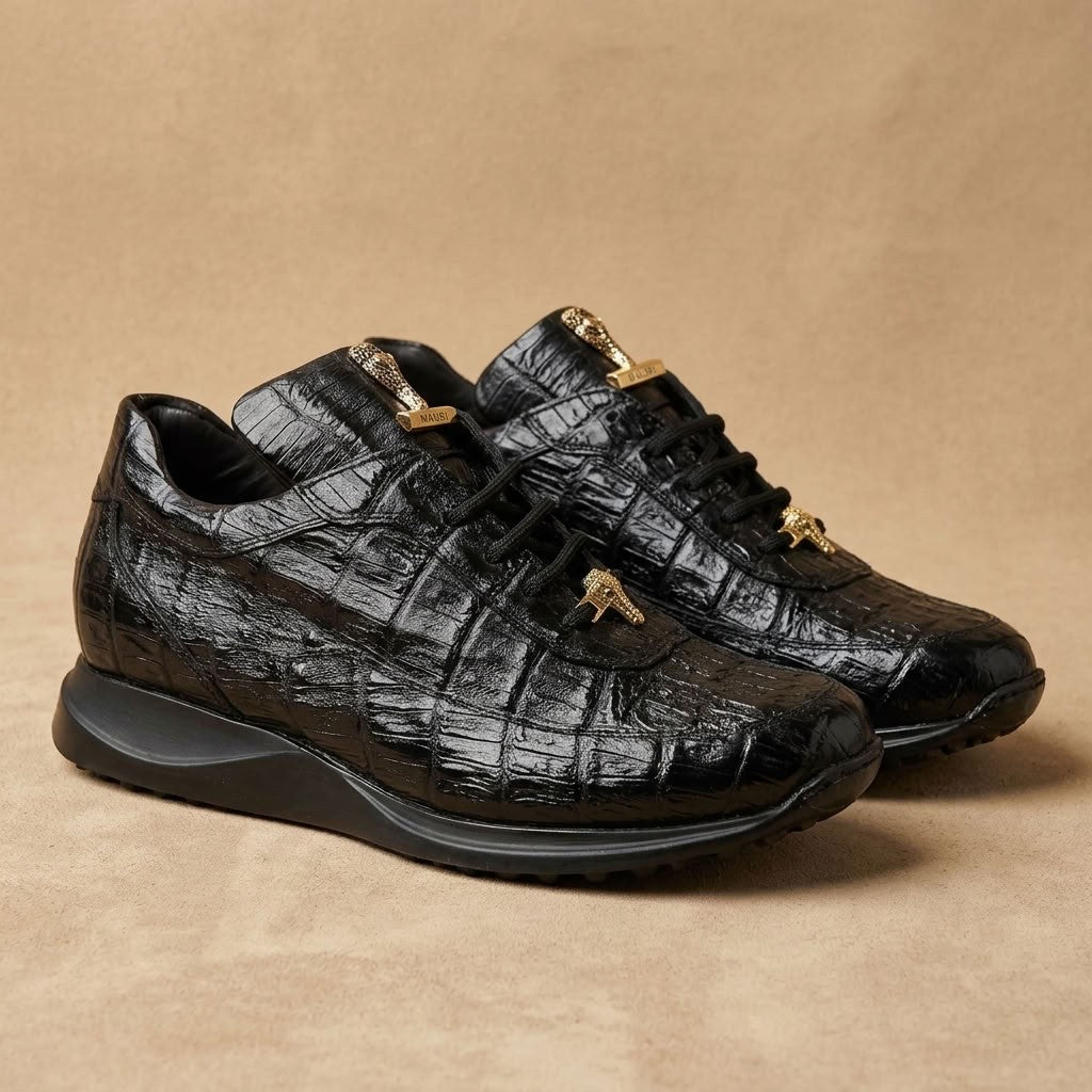 Black Mauri 8900 Caiman Fuscus sneakers with textured exotic leather upper and lace-up design