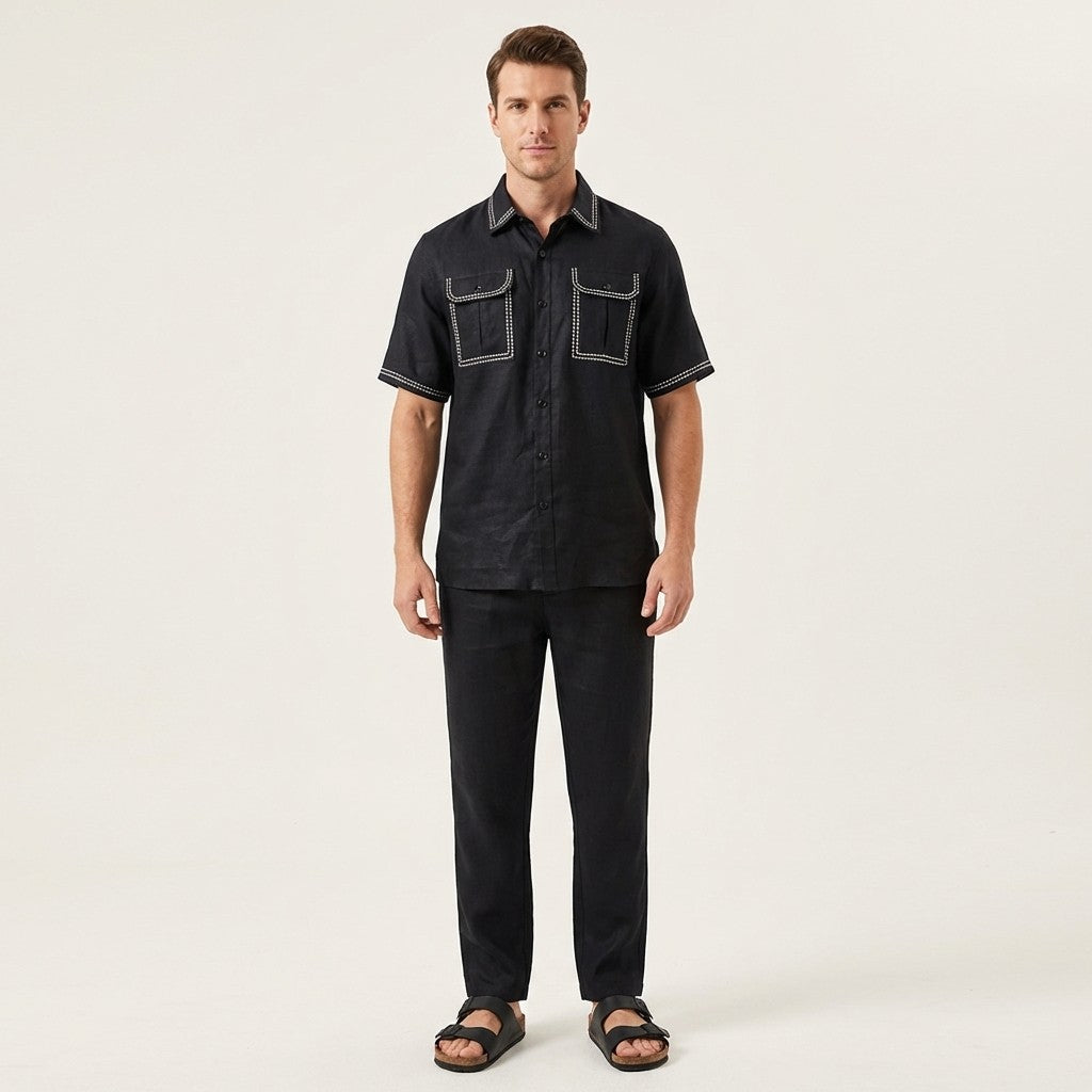 Black Prestige Linen Set LUX-530, stylish clothing with a comfortable fit, showcased on a hanger or model.