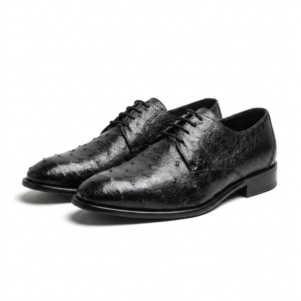 Black Toscana 3414 ostrich leather lace-up shoes by Calzoleria Toscana, featuring detailed ostrich texture and classic design.