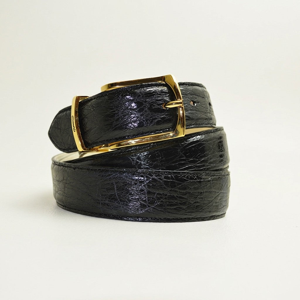 Black Mauri Alligator Belt featuring textured alligator skin and a sleek buckle, designed for sophisticated style and durability.