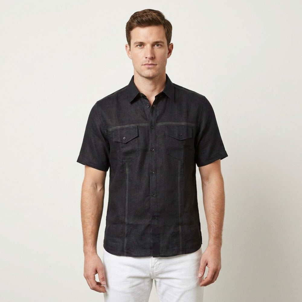Black Torras linen short sleeve button-up shirt with lambskin trim, casual and stylish men's top.