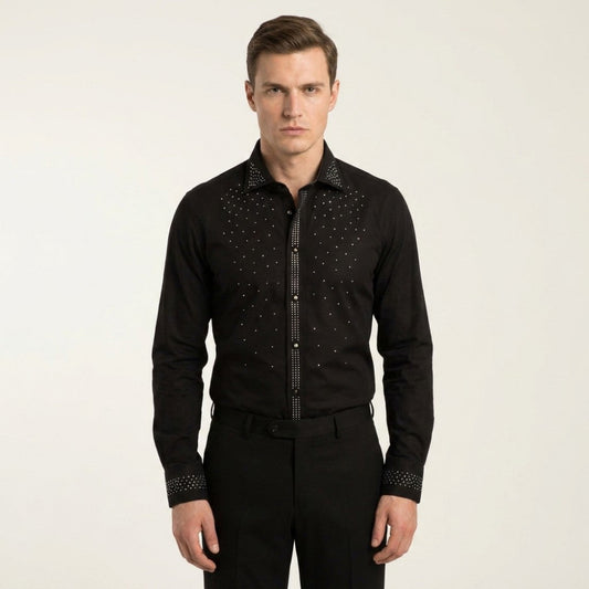 Black Andrea Bossi studded dress shirt with metallic accents, showcasing a stylish, fitted design suitable for formal or casual wear.