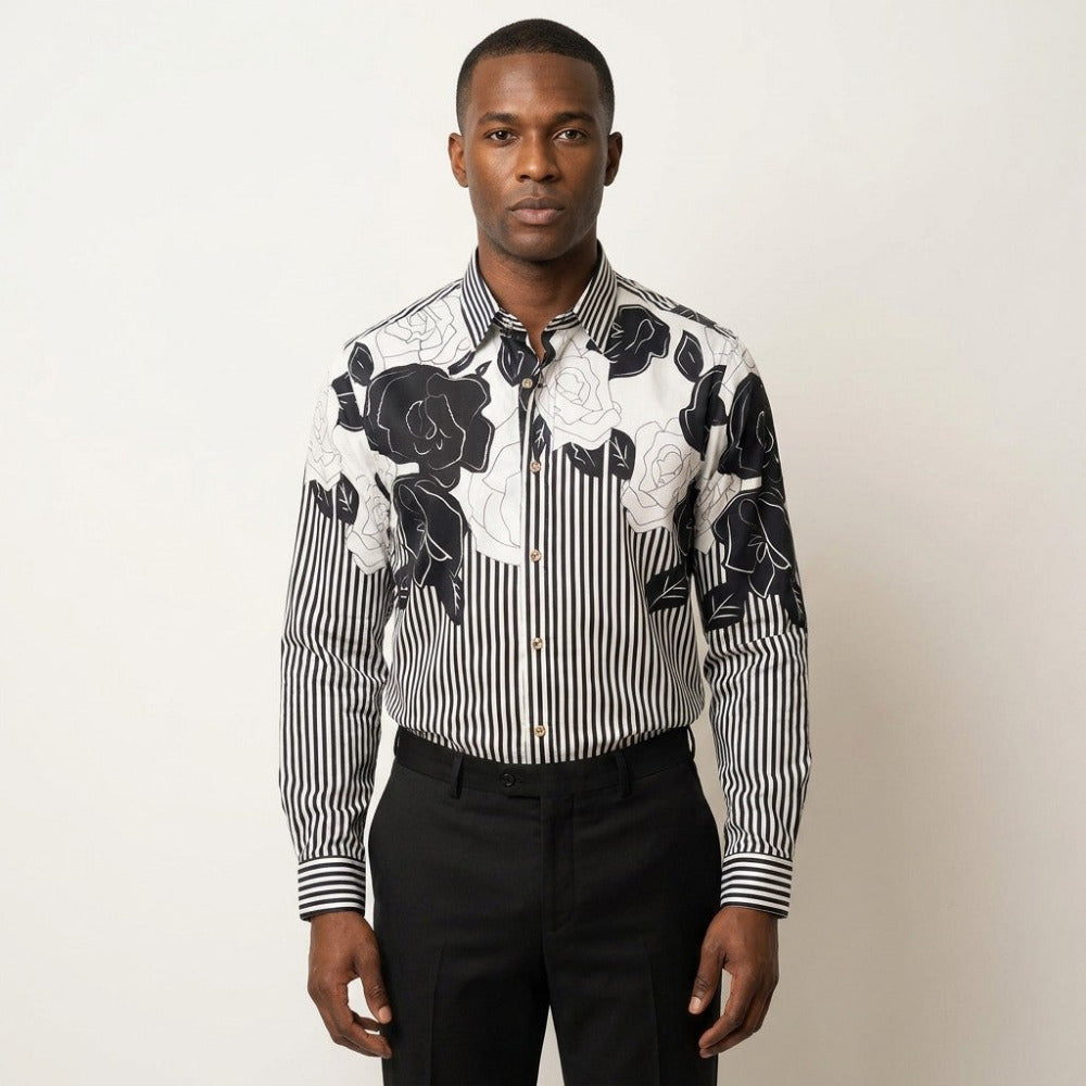 Philippe white and black button-up shirt, stylish shirts and tops with a classic design, shown in black and white.