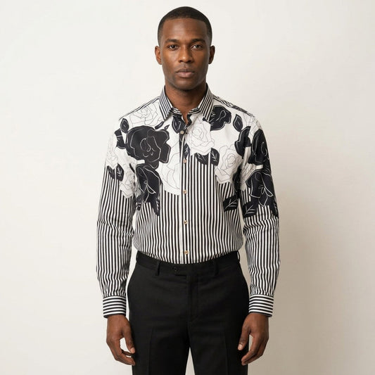 Philippe white and black button-up shirt, stylish shirts and tops with a classic design, shown in black and white.