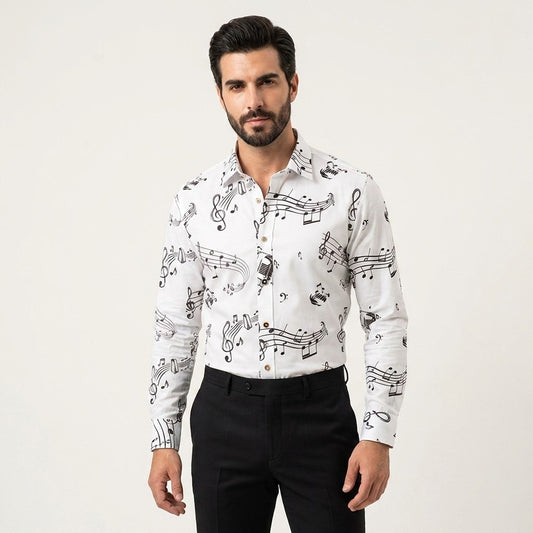 White Philippe cotton shirt with black accents, shown with a black and white music-themed background.