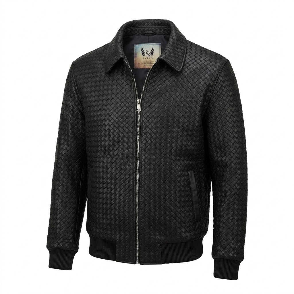 Men’s SVELG Premium Woven 100% Lambskin Leather Shirt Style Collar Bomber Jacket