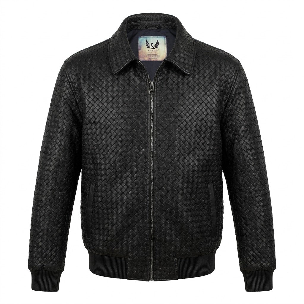 Men’s SVELG Premium Woven 100% Lambskin Leather Shirt Style Collar Bomber Jacket