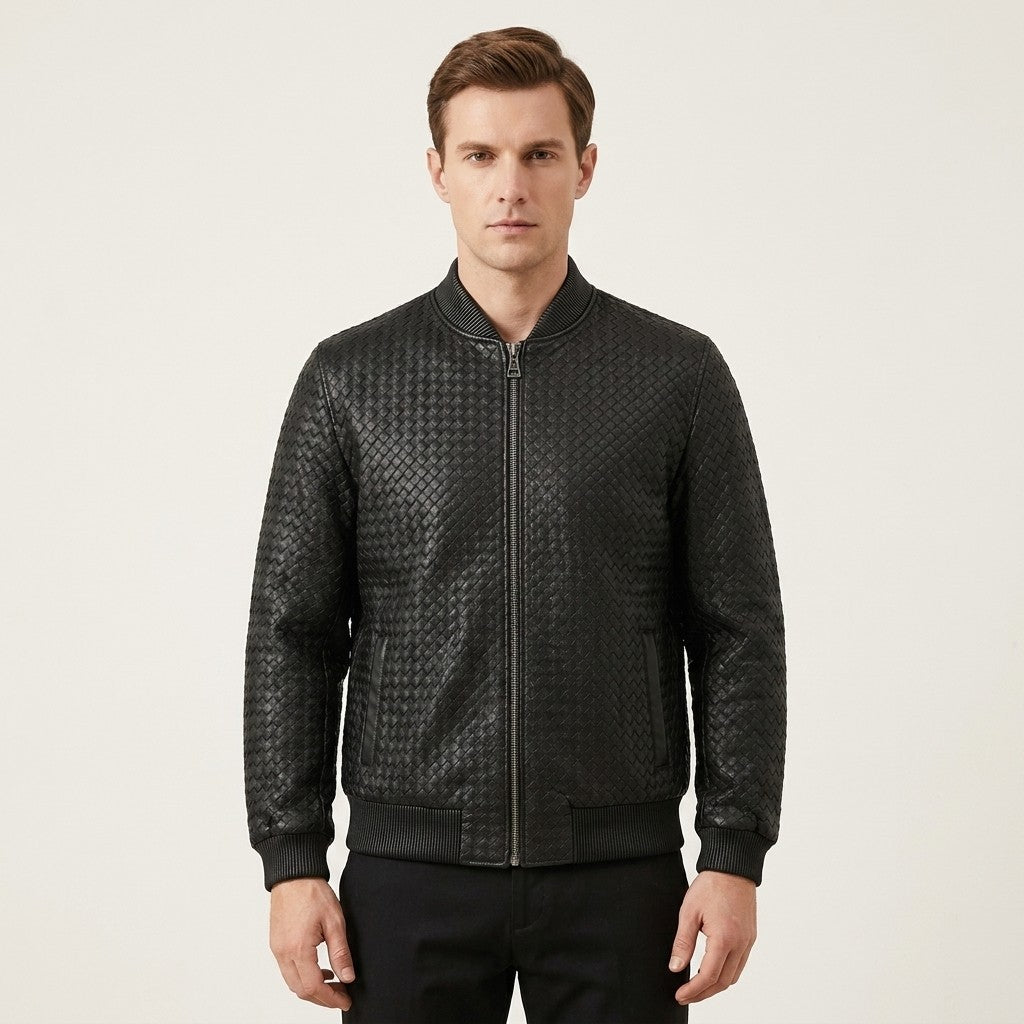 Men’s black SVELG premium woven lambskin leather bomber jacket, stylish coat with detailed stitching and classic design.