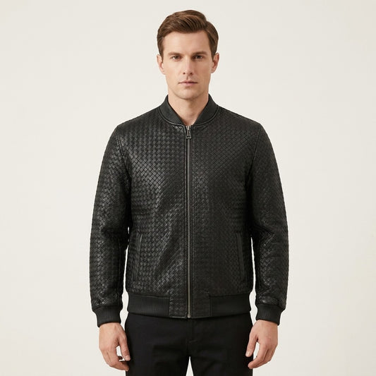 Men’s black SVELG premium woven lambskin leather bomber jacket, stylish coat with detailed stitching and classic design.