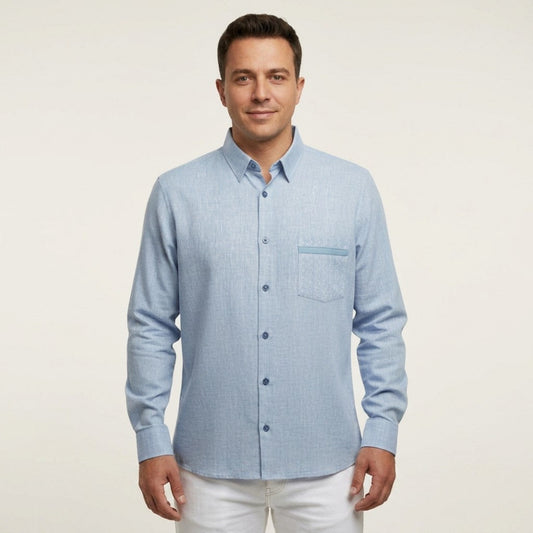 Black Torras linen long sleeve button-up shirt with leather trim, featuring a classic collar and button cuffs.