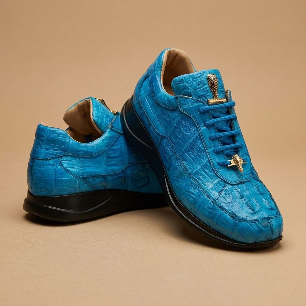 Mauri 8900 Caiman Fuscus sneakers in blue with textured caiman leather upper and lace-up design