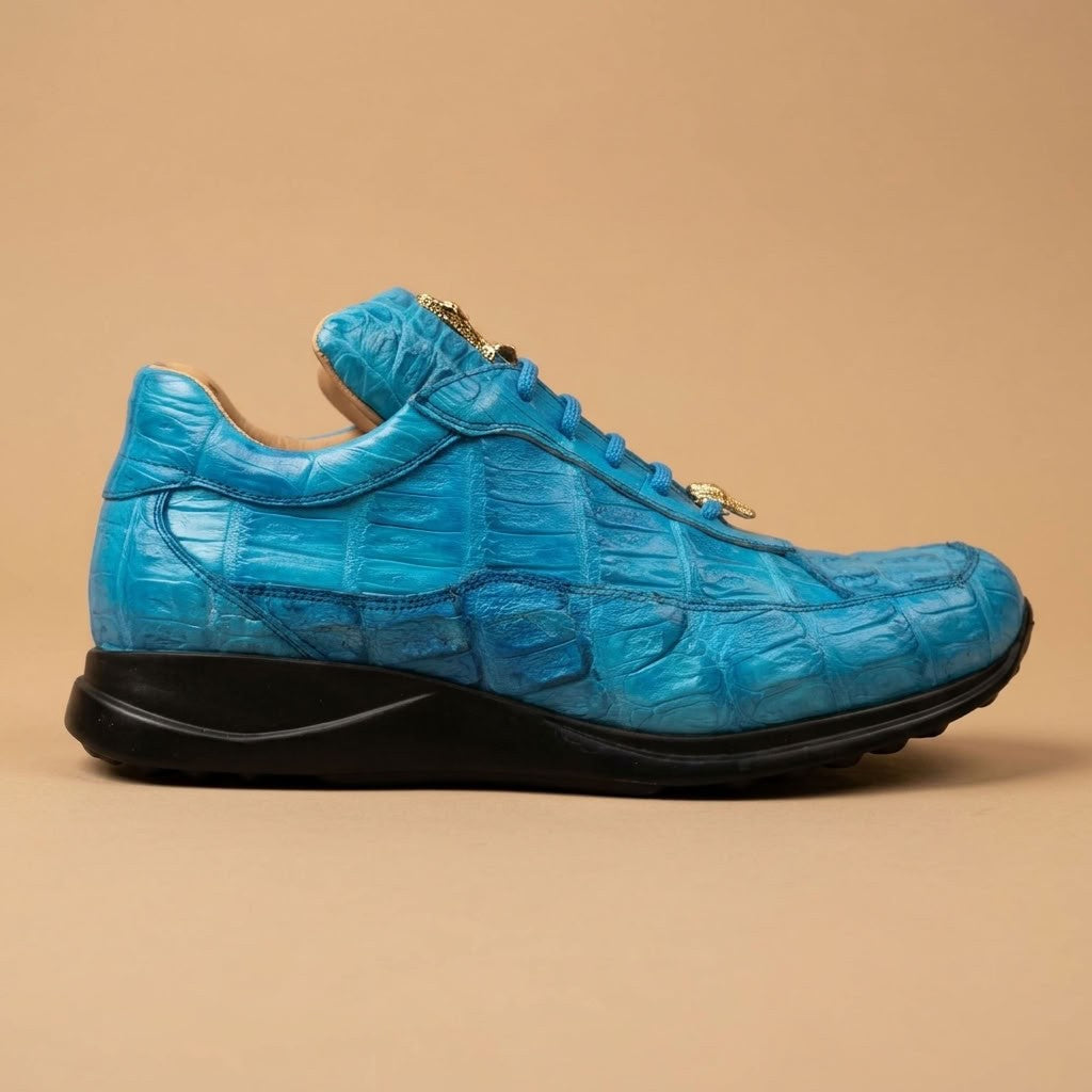 Mauri 8900 Caiman Fuscus sneakers in blue with textured caiman leather detailing
