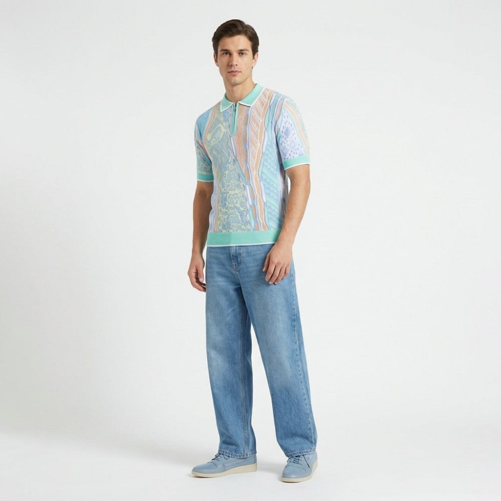 Blue Prestige Knit Design Multi-Color Polo shirt, men's clothing, featuring a stylish knit pattern and vibrant colors.