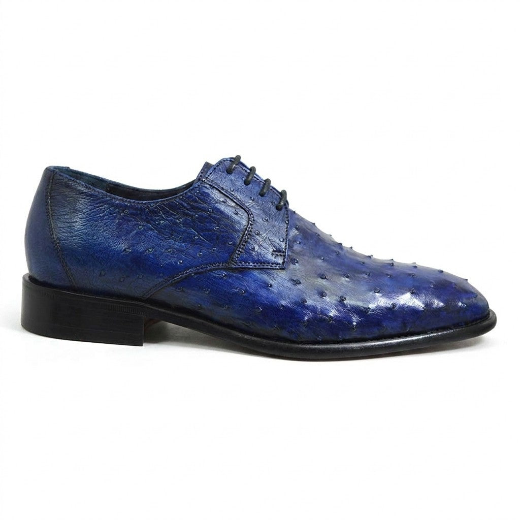 Calzoleria Toscana Toscana 3414 blue ostrich leather lace-up shoes with detailed stitching and classic design.
