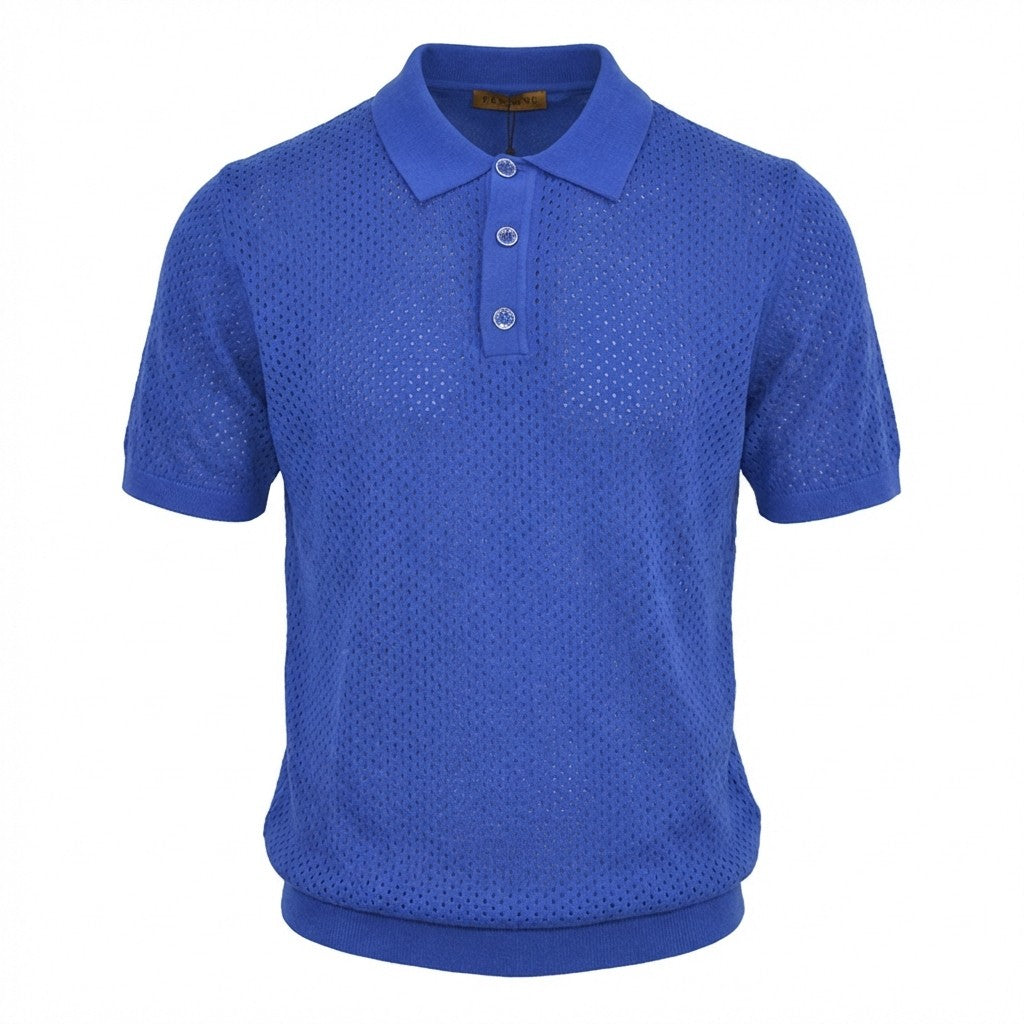 Blue Prestige Mesh Knit Polo Shirt 911, men's casual shirt with a textured knit pattern, short sleeves, and classic collar.