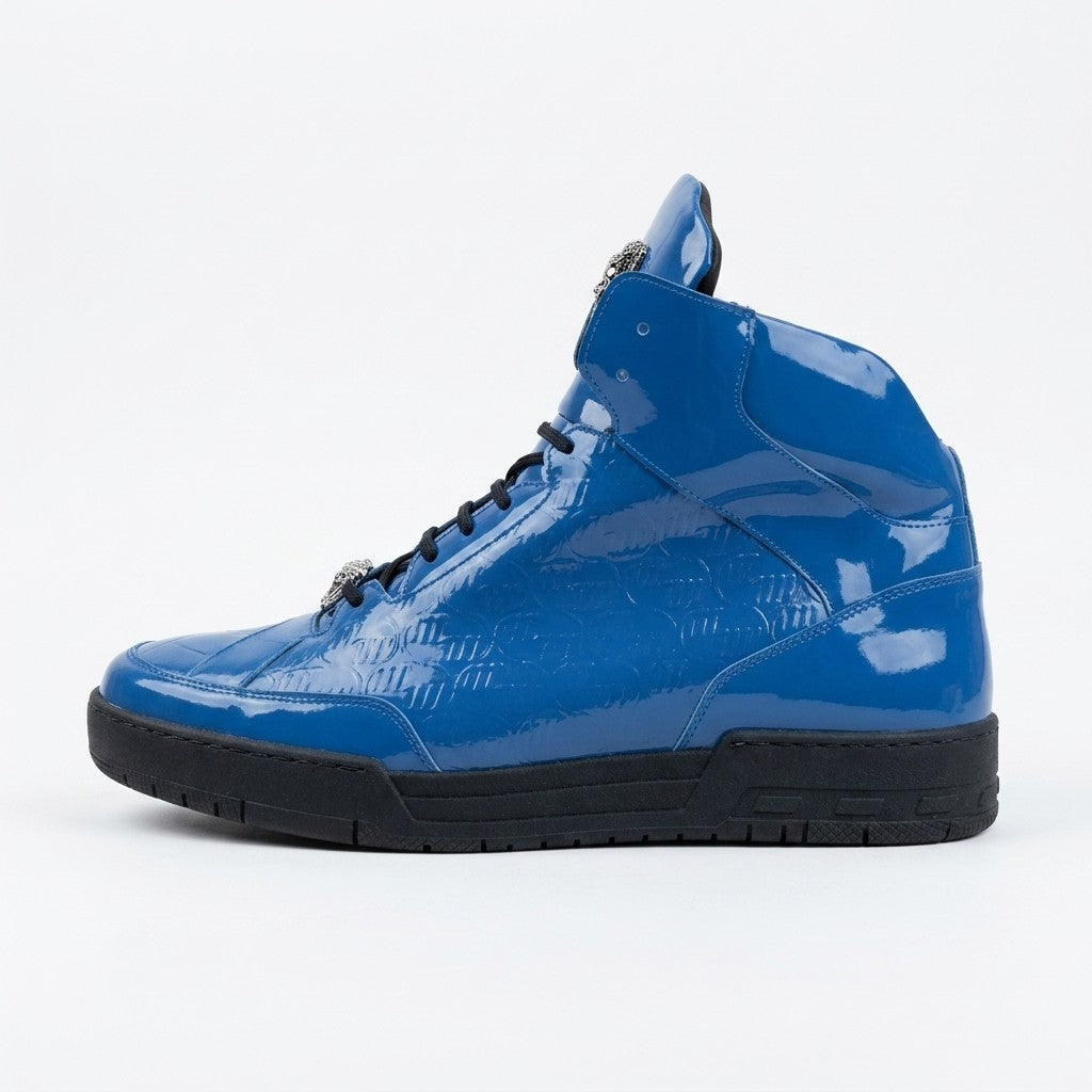 Mauri 8429 patent leather and crocodile high-top sneakers in blue, featuring textured crocodile pattern and sleek design