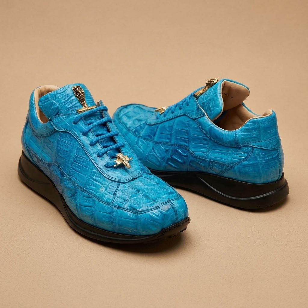 Mauri 8900 Caiman Fuscus sneakers in blue with textured caiman leather detailing