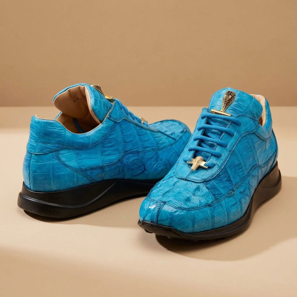 Mauri 8900 Caiman Fuscus sneakers in blue with textured caiman leather detailing