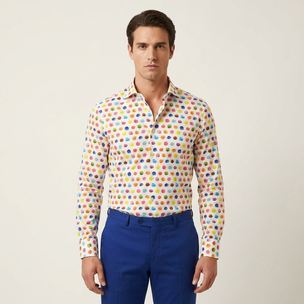 Tarcisio white scoop button-up shirt with colorful blue accents, casual fit, long sleeves, and classic collar for men's fashion.