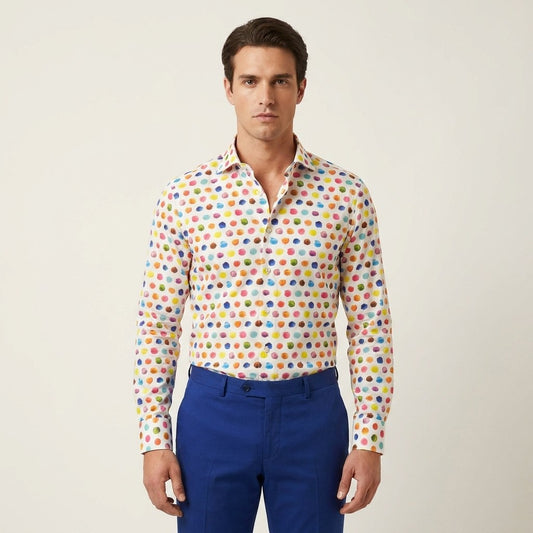 Tarcisio white scoop button-up shirt with colorful blue accents, casual fit, long sleeves, and classic collar for men's fashion.