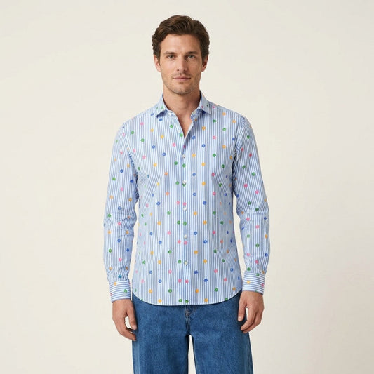 Blue Torras cotton striped shirt laid flat, showcasing its classic design and fabric texture.