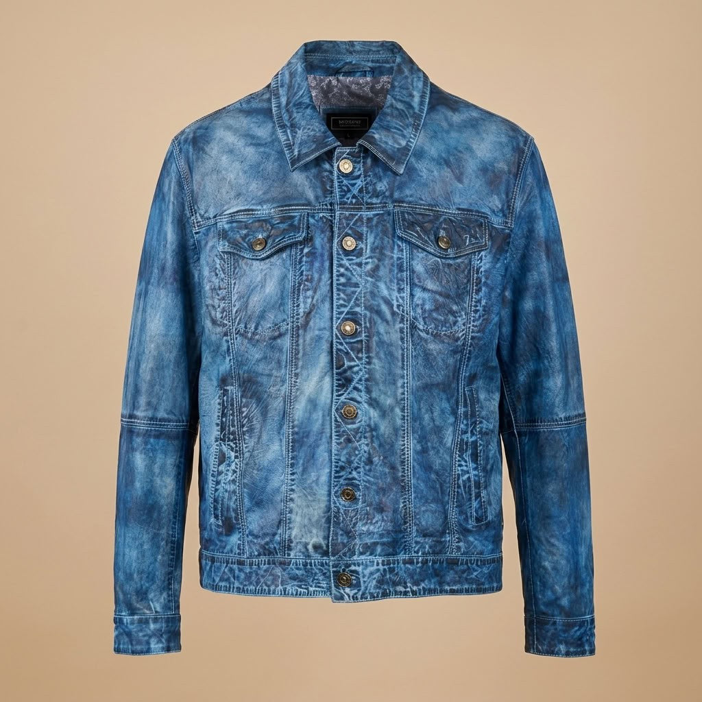 Missani Le Collezioni BF leather jean jacket in blue, featuring classic design with a stylish collar and button details.