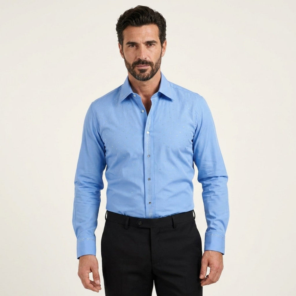 Blue Andrea Bossi studded dress shirt, stylish men's shirt with metal accents, featuring a classic fit and button-down collar.