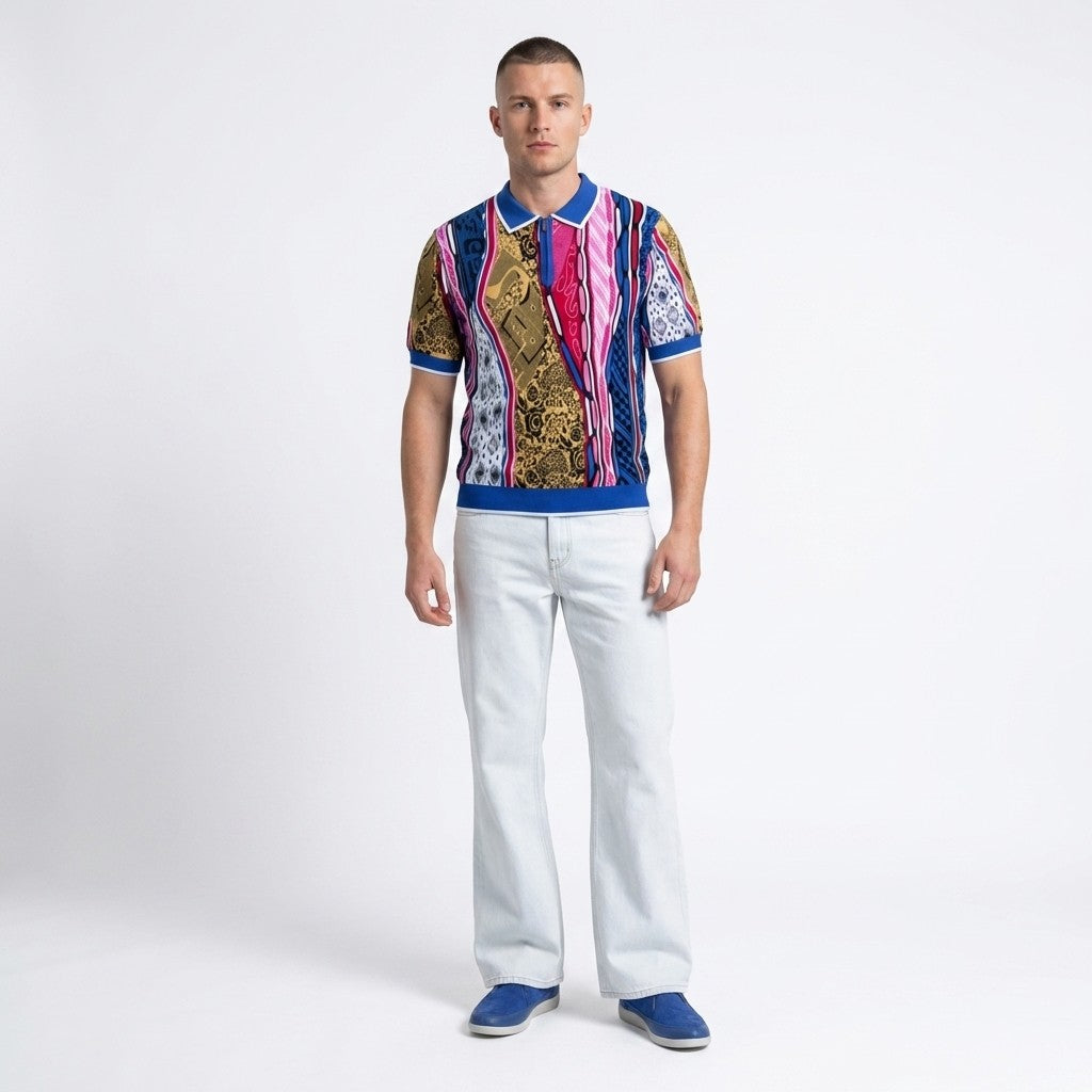Blue Prestige Polo Neck Half Zip Short Sleeve Shirt, men's casual clothing, shown on a mannequin.