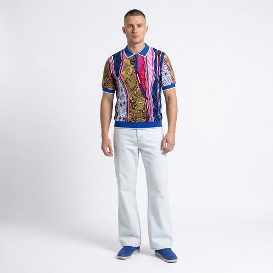 Blue Prestige Polo Neck Half Zip Short Sleeve Shirt, men's casual clothing, shown on a mannequin.