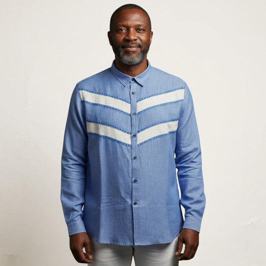 Torras long sleeve linen button-up shirt in blue and white, featuring a classic collar and casual fit for warm weather.