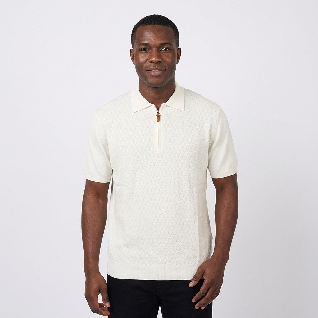 Blue and white Torras zip-up polo shirt displayed on a hanger, showcasing casual style and comfortable fit.