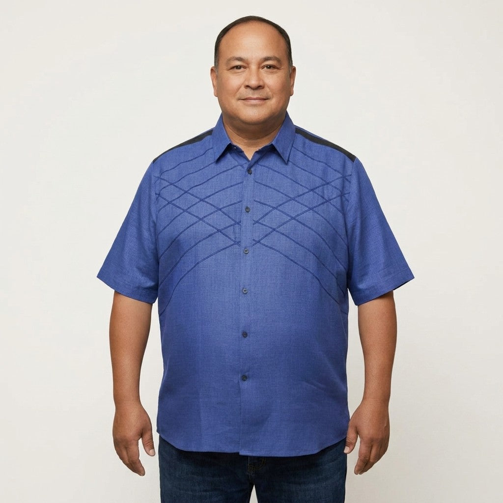 Torras blue leather-trimmed linen button-up shirt displayed in blue-black with a classic collar and stylish details.