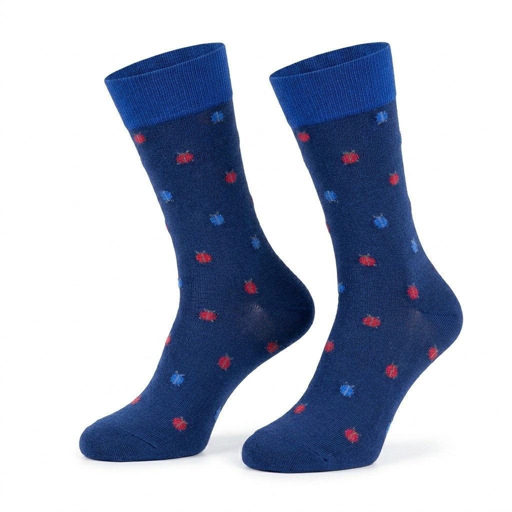 Blue cotton men's socks featuring playful ladybug designs from Cellini Uomo's Distretto73 Filoscozia collection.
