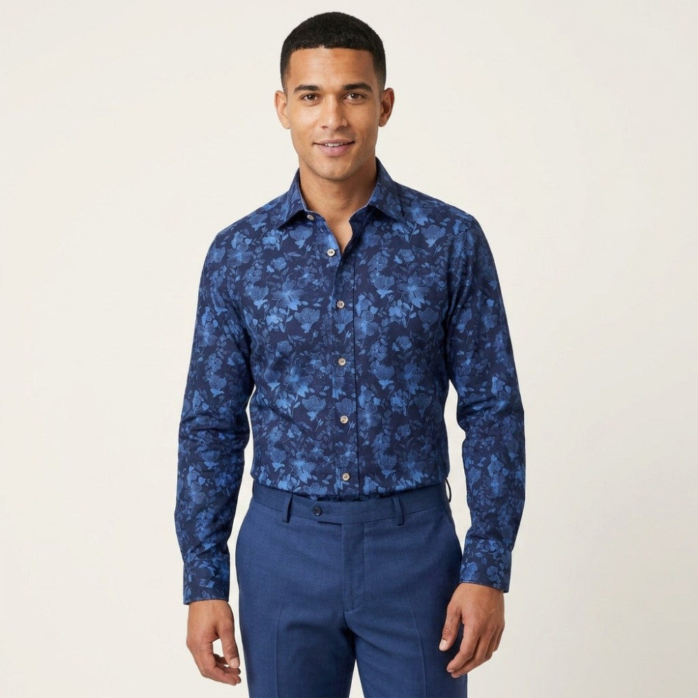 Philippe dark blue floral button-up shirt with detailed fabric pattern, casual style, long sleeves, and collared neckline.