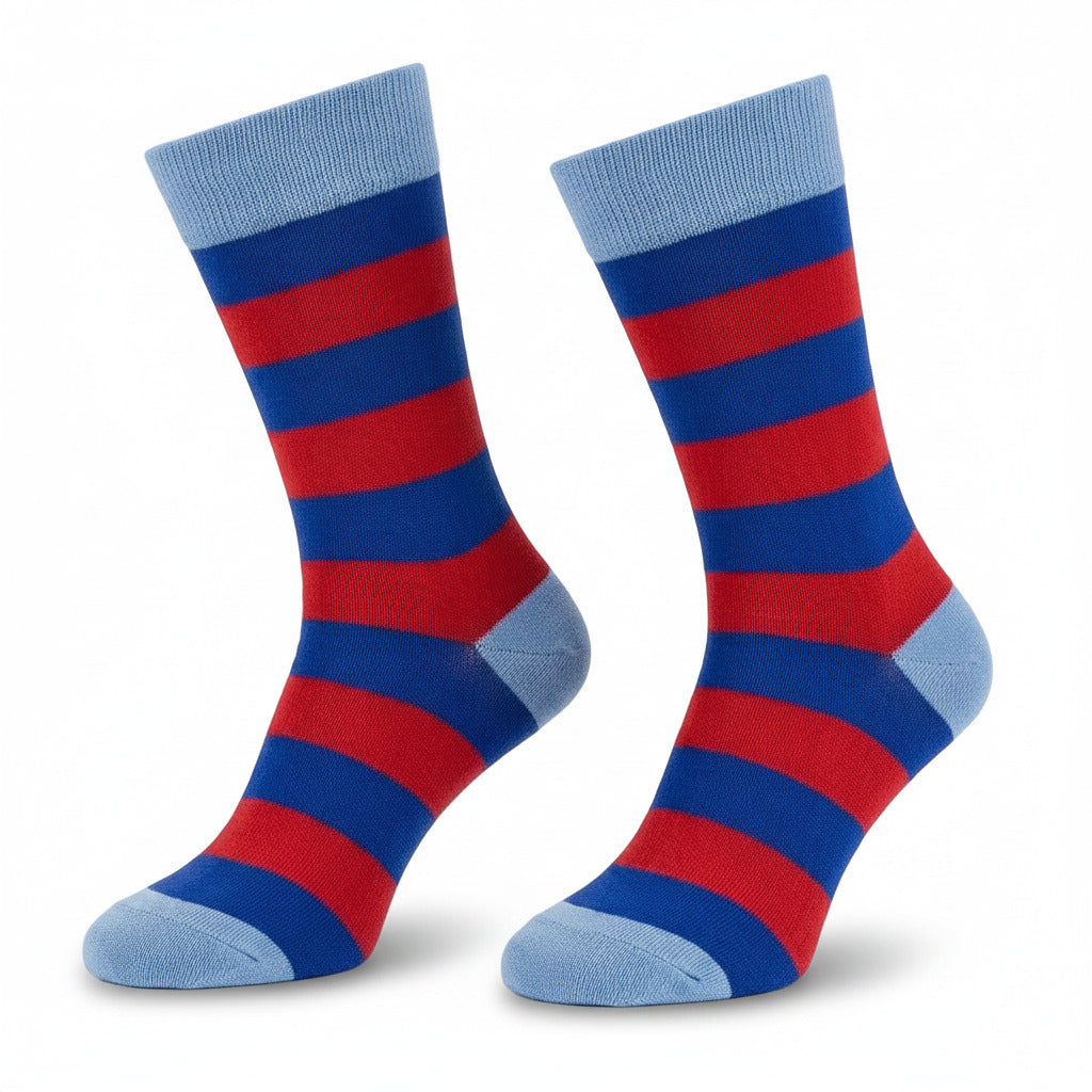 Cellini Uomo Distretto73 men's Filoscozia cotton crew socks with blue and red striped pattern on a white background