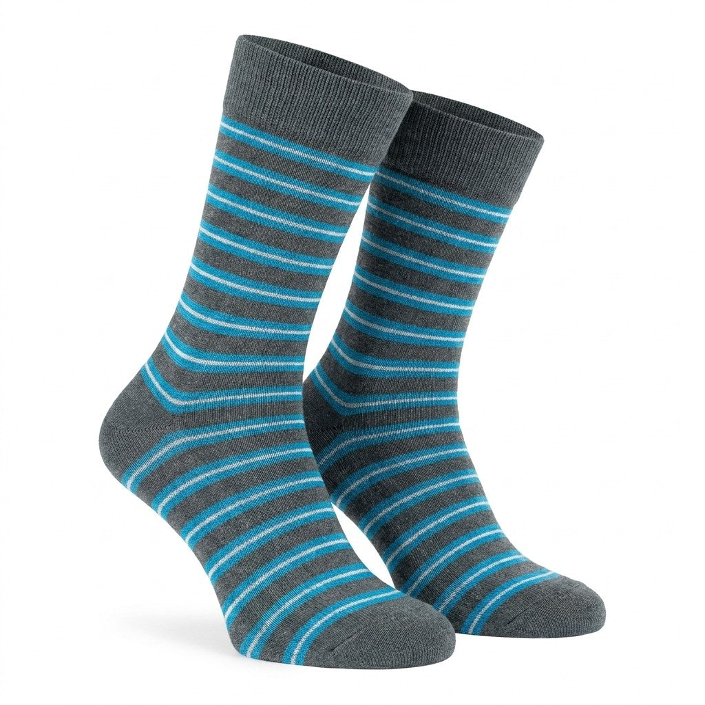 Blue and gray striped cotton crew socks for men by Cellini Uomo, featuring a comfortable fit and stylish design.
