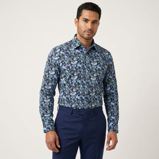 Marcello W-900 Marley paisley cotton shirt in blue with a classic collar and button-down front, casual and comfortable for everyday wear.