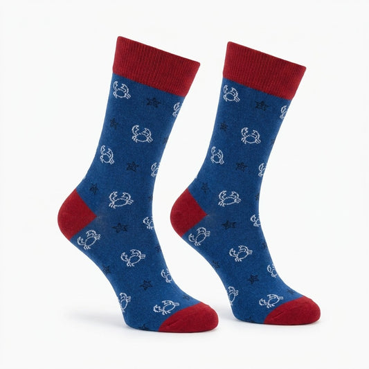 Distretto73 Men's Filoscozia cotton crab socks with blue and red stripes, designed by Cellini Uomo, showcasing vibrant pattern details.
