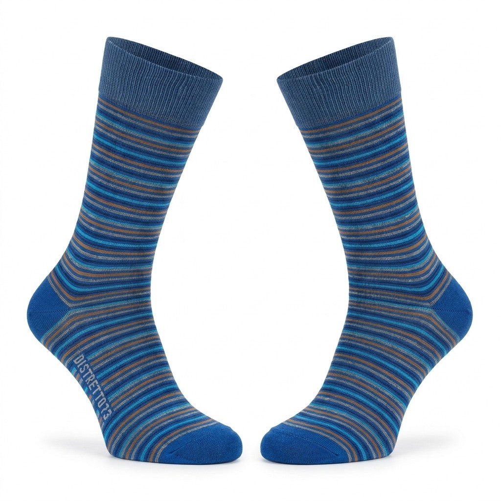 Cellini Uomo Distretto73 Men's Filoscozia cotton striped crew socks in blue shades, showcasing a classic, comfortable sock design.