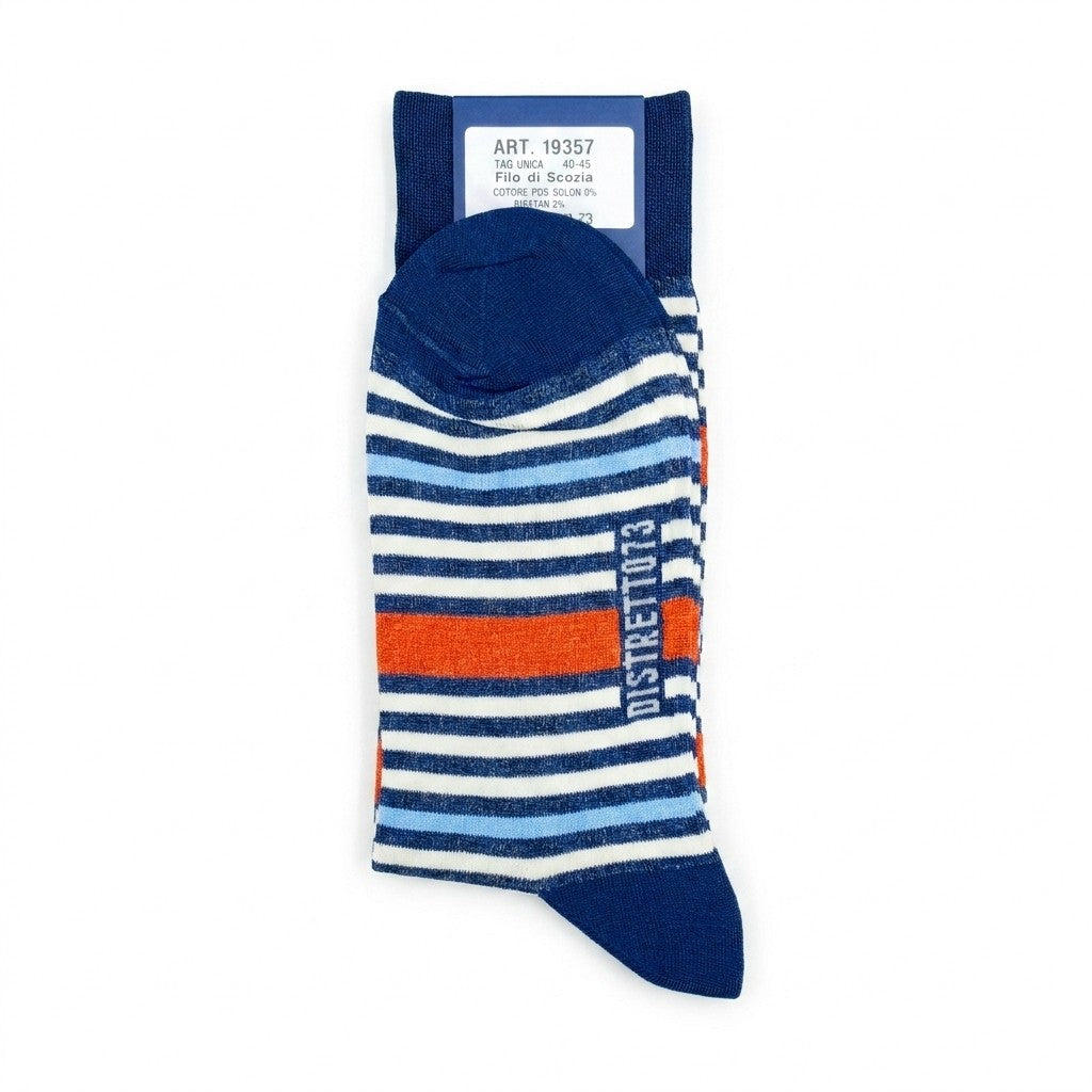 Cellini Uomo Distretto73 men's Filoscozia cotton crew socks with blue, white, and orange striped pattern on a white background
