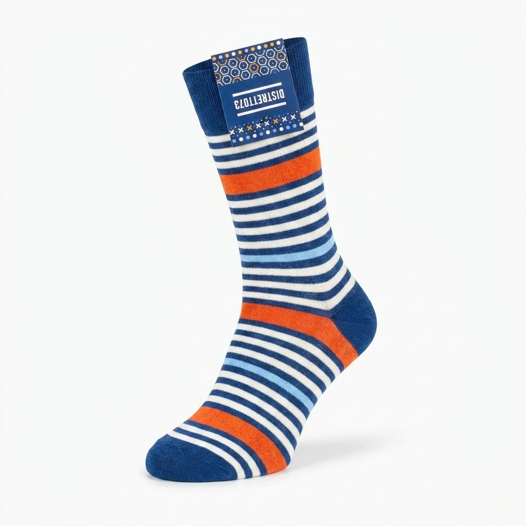 Cellini Uomo Distretto73 men's Filoscozia cotton striped crew socks in blue, white, and orange with a ribbed cuff design.