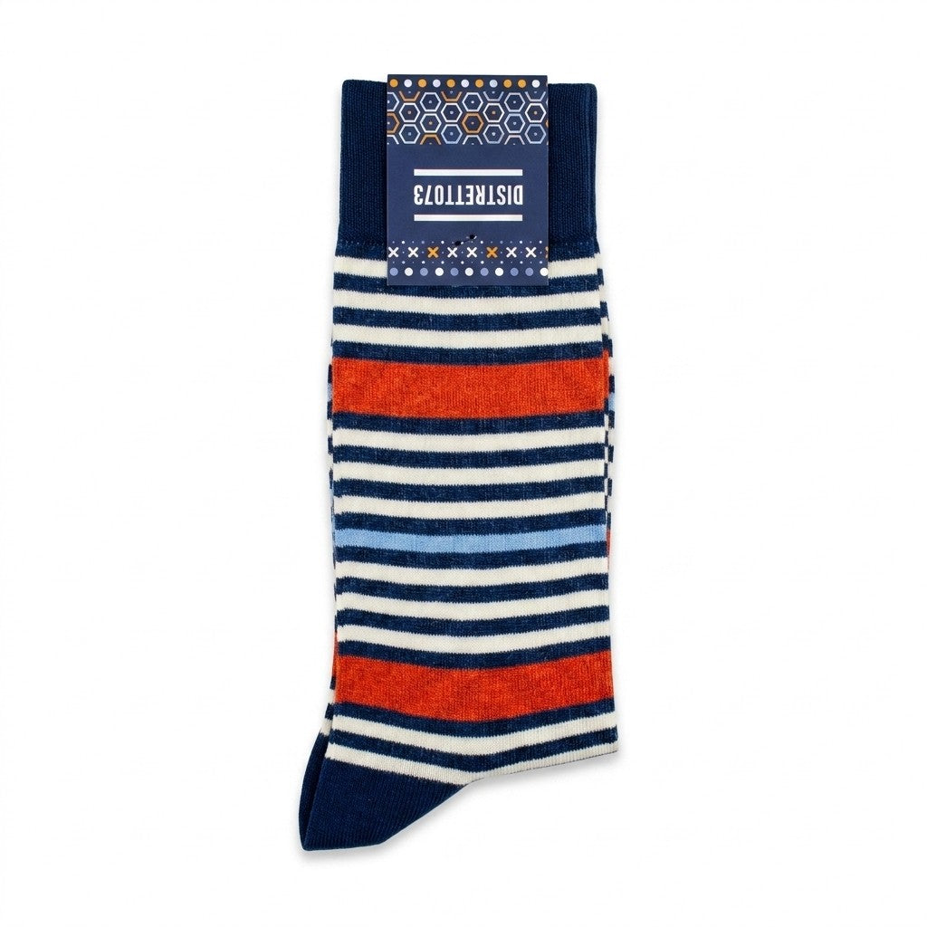 Cellini Uomo Distretto73 men's Filoscozia cotton striped crew socks in blue, white, and orange with a ribbed cuff design.