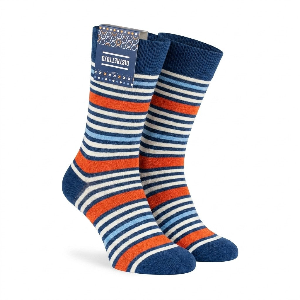Blue, white, and orange striped men's crew socks by Cellini Uomo, made from soft cotton in the Distretto73 Filoscozia collection.