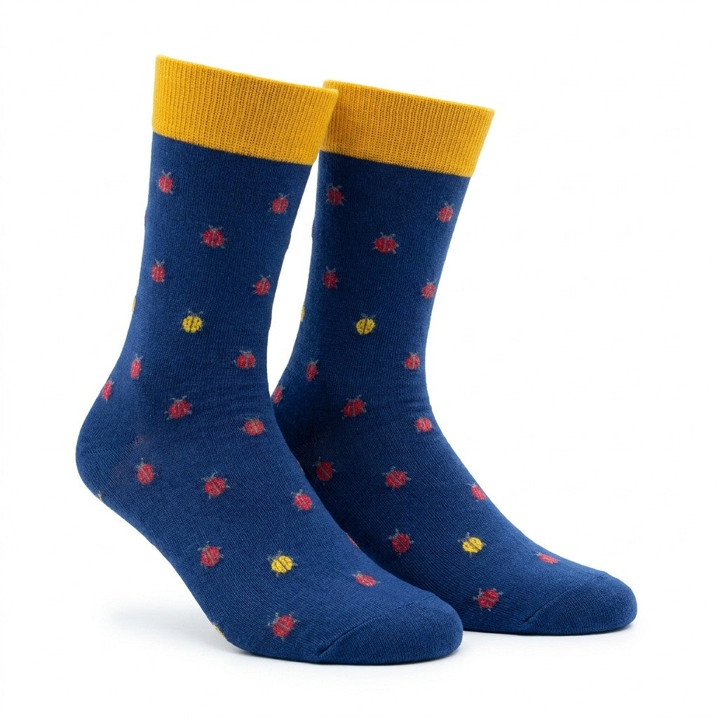 Cellini Uomo Distretto73 men's Filoscozia cotton socks with blue and yellow ladybug pattern.