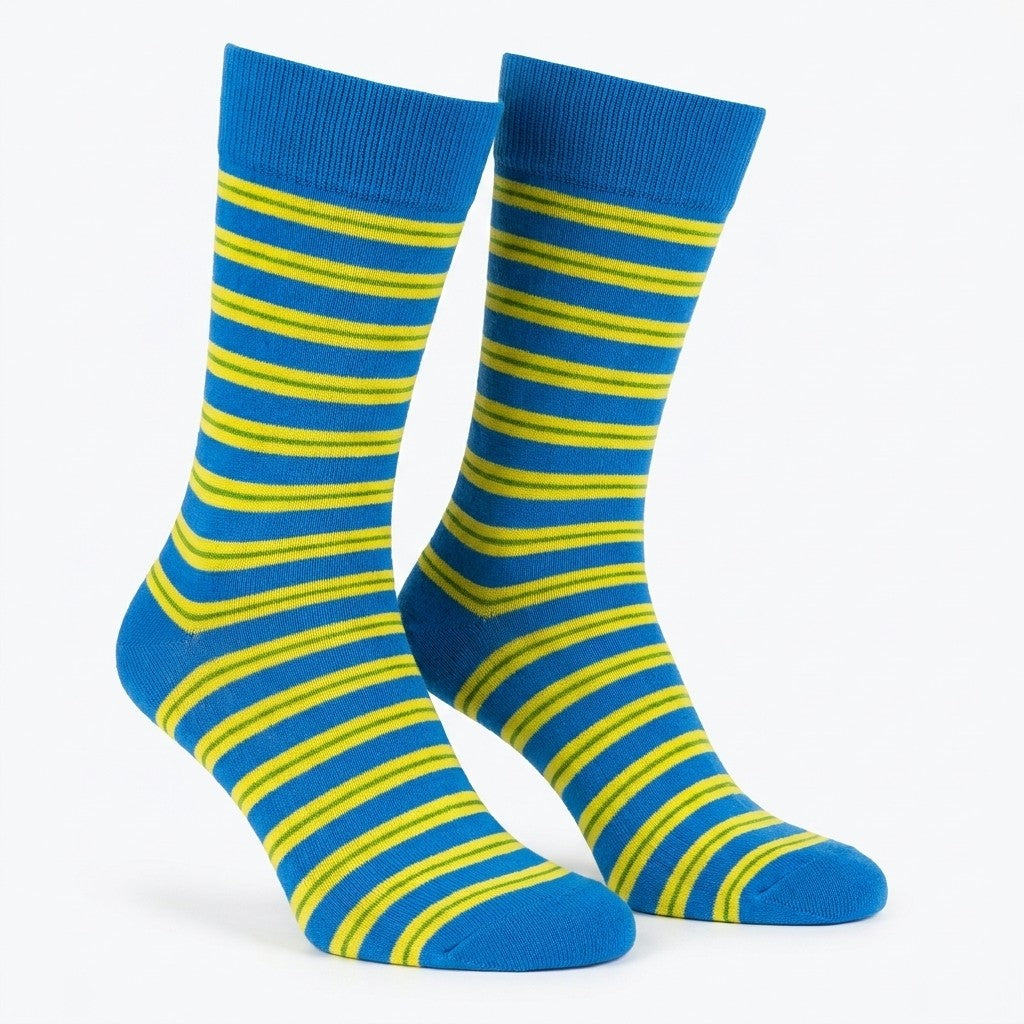 Cellini Uomo Distretto73 men's Filoscozia cotton striped crew socks in blue and yellow, featuring a stylish striped pattern.